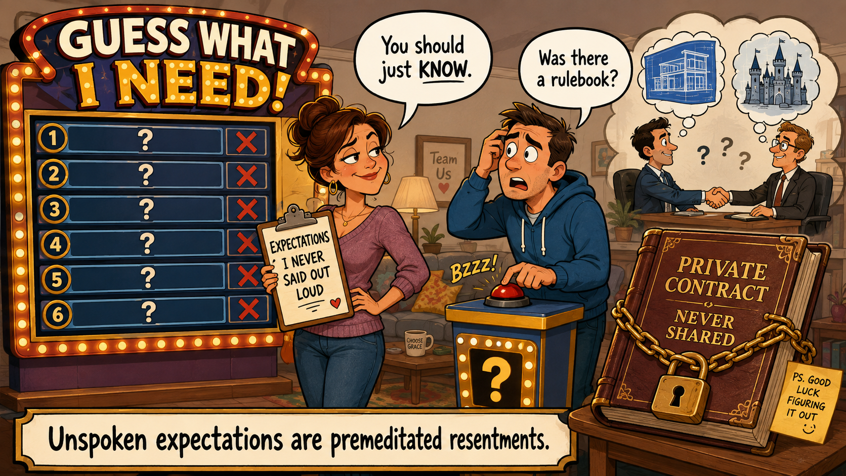 A game show called Guess What I Need has a hidden rulebook.
