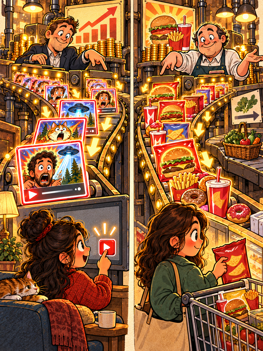 Parallel conveyor belts surround a viewer with sensational videos and a shopper with junk food while the companies point to each person’s final choice.