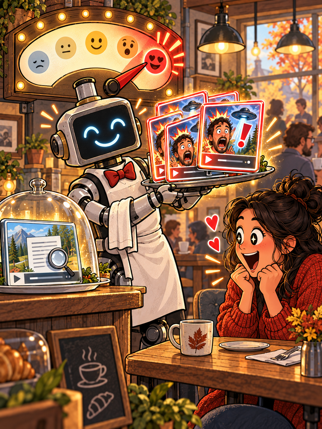 A cheerful robot waiter watches a reaction meter and serves more sensational flying-saucer videos while a calmer evidence-based video waits under a cover.