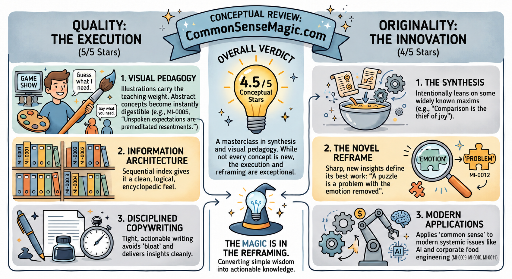 Gemini's illustrated conceptual review of Common Sense Magic, rating execution five out of five, originality four out of five, and the overall concept four and a half out of five.